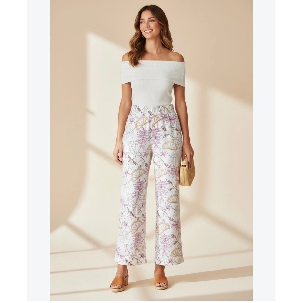 C&C California Womens Embroidered Citrus Floral Wide Leg Pants White Small
